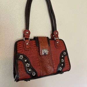 Marc Chantel Western Tooled Faux Leather Brown and Black Handbag